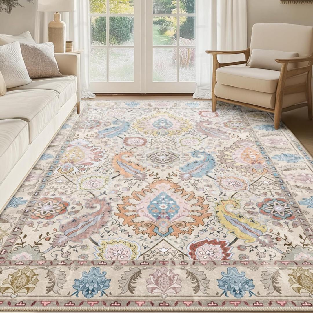 Boho 6x9 Area Rugs Machine Washable Carpet Low Pile Non Shedding Doormat Soft Area Rugs for Living Room Bedroom Kitchen Dining Room Entryway Hallway Indoor-Cream/Multi