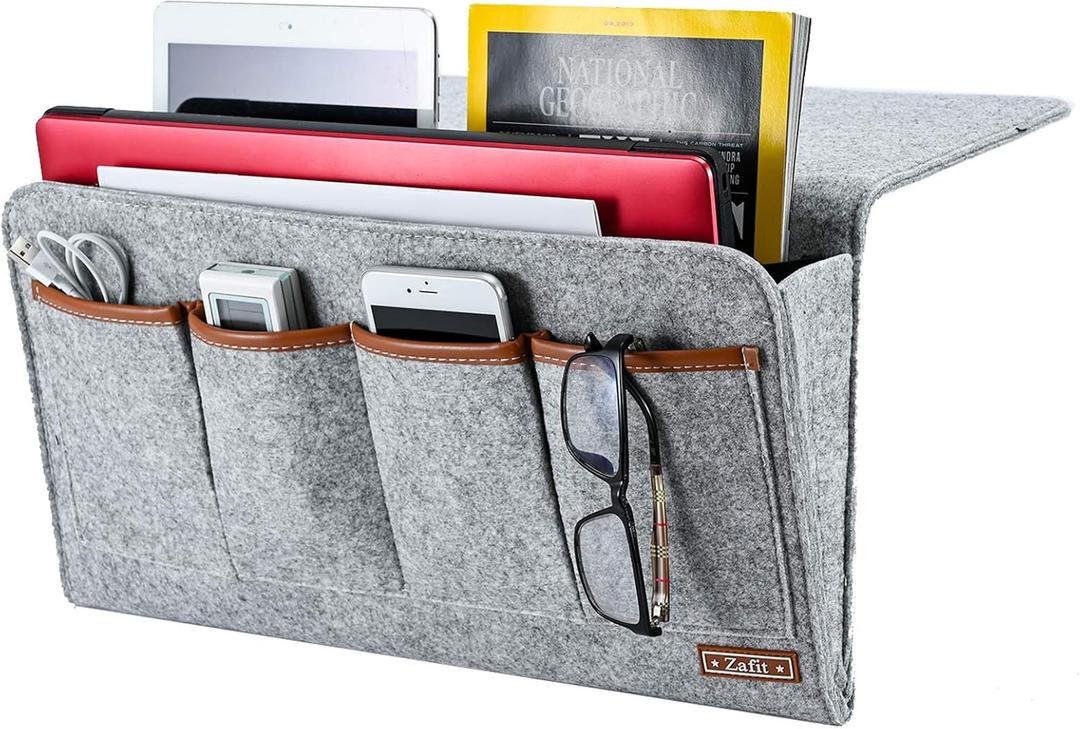 Bedside Caddy, Large Size Storage Organizer with 7 Pockets for Magazine, Remotes, Phone (17.3'' x 18.1'', Light Grey)