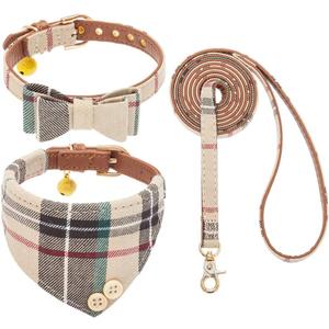 EXPAWLORER Dog Collar and Leash Set - Classic Plaid Dog Bow Tie and Dog Bandana Collar with Bell, Dog Leash Tangle Free, Adjustable Collars for Small Medium Large Dogs Cats, Holiday Ideal Gift (Cream)