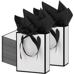 OEMVALATY 24 Pcs Thank You Gift Bags with Handles and Tissue Paper 9 x 7 x 3. 15'' Elegant Welcome Gift Bags with Bow Ribbon for Wedding Bridesmaid Baby Shower Groomsmen Birthday Party(White, Black)