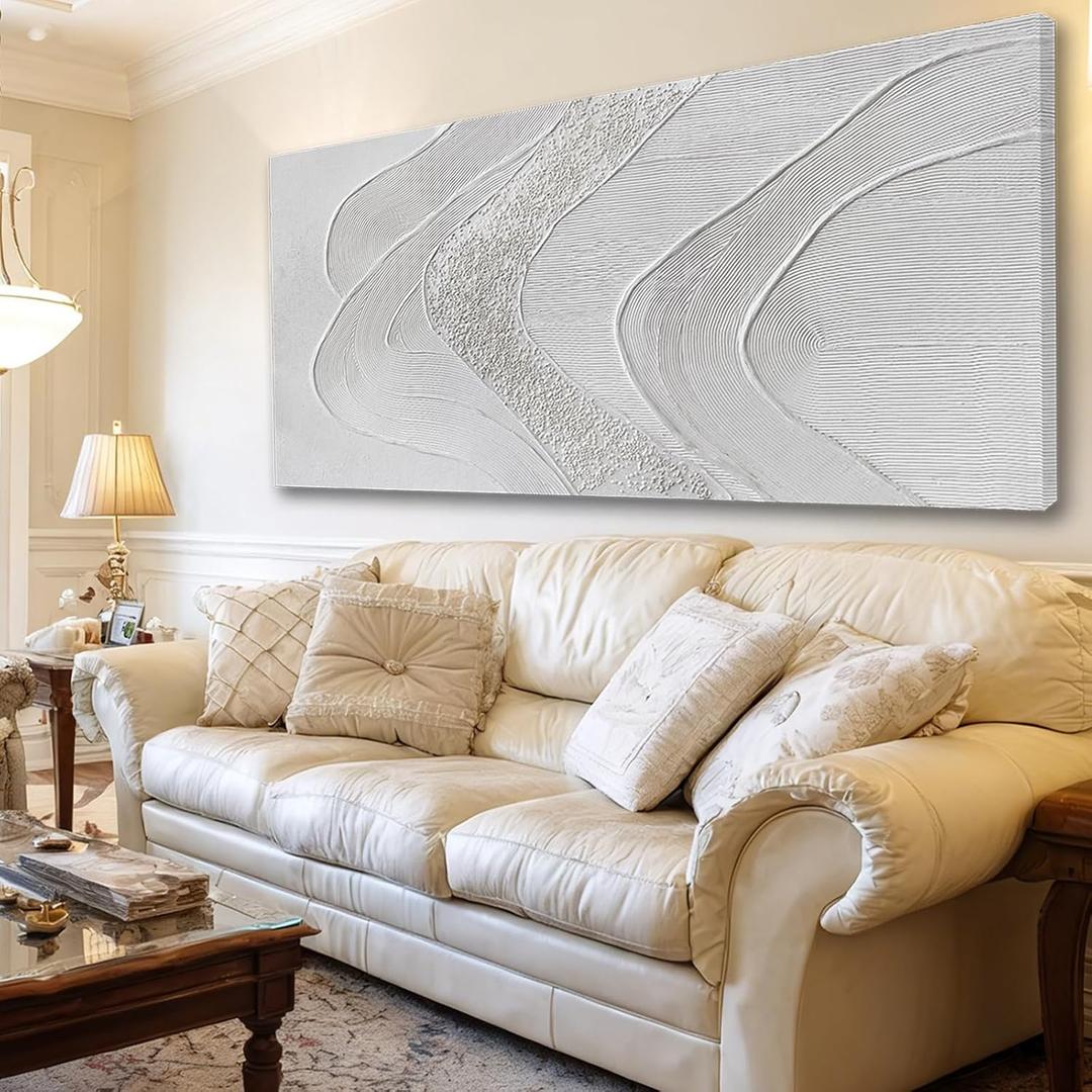 ZUNARE Large Abstract Wall Art, Textured White Canvas Painting in Neutral Cream and Sand Tones, Oversized Modern Statement Wall Decor for Living Room Bedroom Office, Ready to Hang, 2958 Inch