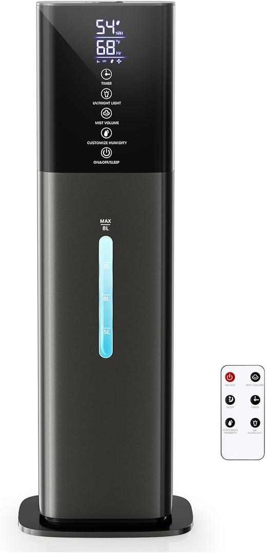 Humidifiers Large Room Bedroom with 7 Colors Light, 2.1Gal(8L) 3 Speed Quiet Ultrasonic Cool Mist Humidifier with 360 Nozzle, Humidity Setting, Timer,Aroma Box for Home Plant Baby Yoga Sleep (Gray)