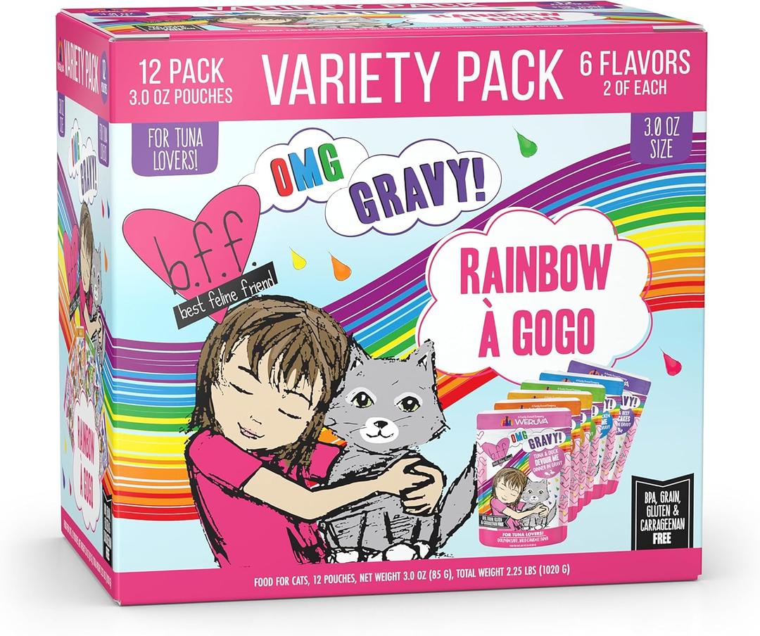 Weruva B.F.F. OMG - Best Feline Friend Oh My Gravy!, Rainbow A Gogo Variety Pack! Cat Food, 3oz Pouch (Pack of 12) (0.08 Ounce (Pack of 12))