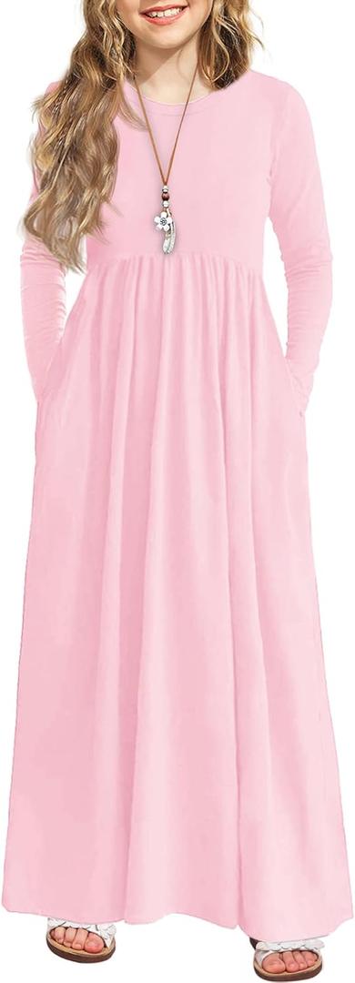 Arshiner Girls Maxi Dress Long/Short Sleeve Casual Holiday Dress with Pockets for 5-13 Years
