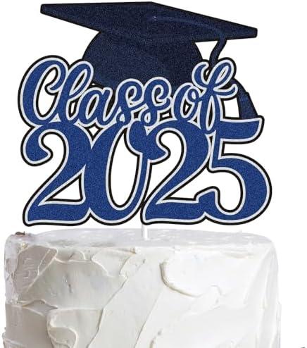 Class of 2025 Graduation Cake Topper Blue Glitter Congrats Grad Cake Decorations Happy Graduation Congratulations Grad 2025 Party Supplies (Blue) Set of 3