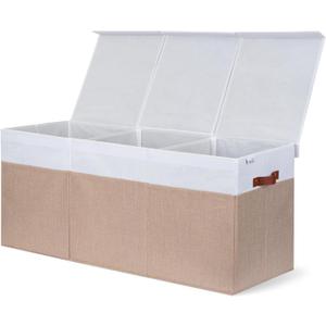 Extra Large Toy Storage Organizer with Lid - Sturdy, Collapsible Toy Chest Storage Box Design - Toys Bin with Dividers for Kids, Nursery, Bedroom, Playroom 37"x16"x14" (Beige & White)