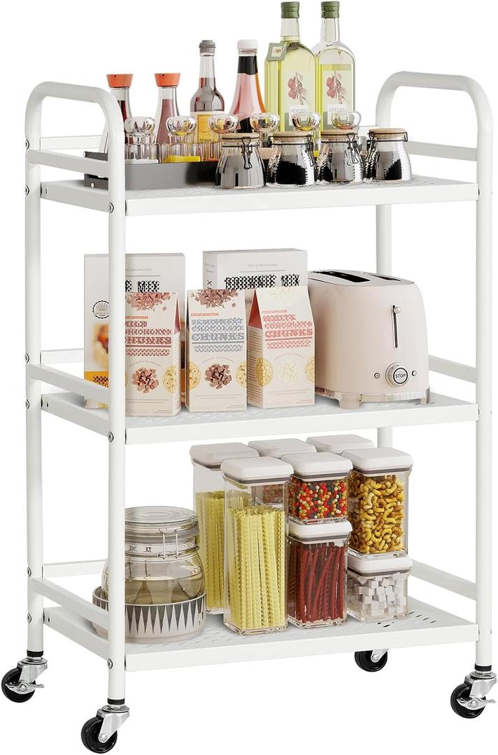 HDANI 3 Tier Rolling Cart,Heavy Duty Multifunctional Metal Frame-Supports 22 Lbs Per Tier,Rolling Cart with 2 Lockable Wheels for Office,Home,Bedroom,Kitchen,Bathroom (White), Small Mesh
