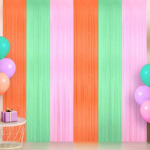 KatchOn, Pink, Green and Orange Fringe Backdrop Curtains | 3.2 x 8 Feet, Pack of 2 | Foil Tinsel Streamers for Birthday Decorations, Neon Party, Bachelorette, Basketball, Halloween & Holiday Decor