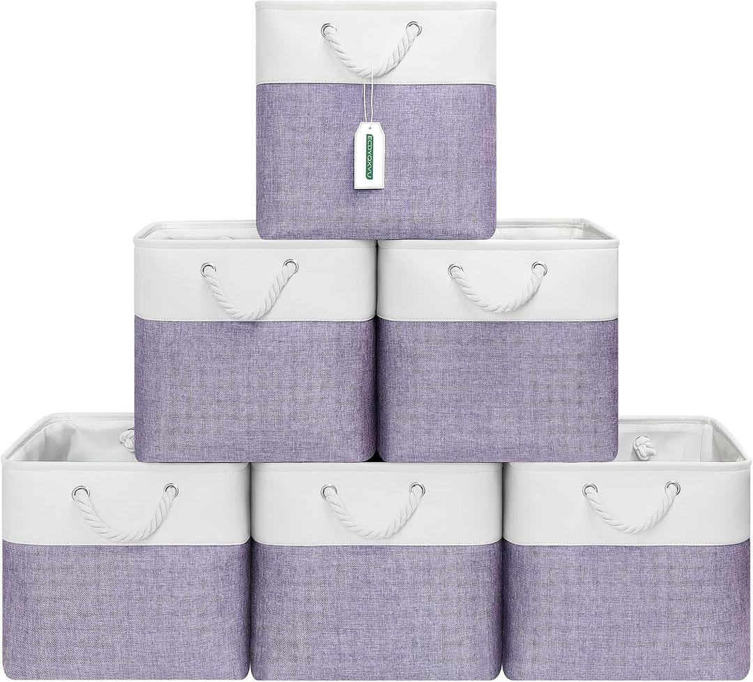ECDYQXVU 13x13 Inch Cube Storage Bins with Reinforced Bottom Cardboard, 6 Pack Large Foldable Fabric Storage Cubes with Handles for Shelf, Closet, Laundry Organization (White&Purple)