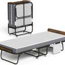 Folding Bed with 5" Mattress Wooden Headboard Side Pocket Cot Size Portable Beds for Adults Folded Guest Bed, Home Office,Fold Up Roll Away Beds for Easy Storage (Rustic Brown, Cot 75x31)