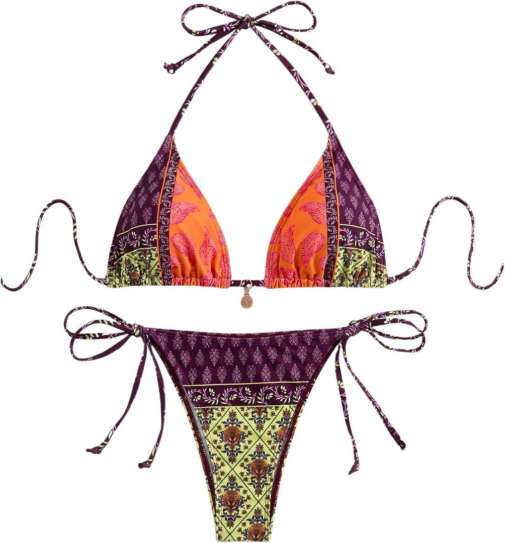 Verdusa Women's 2 Piece Paisley Print Swimsuit Boho Halter Backless High Cut String Bikini Set (Multicolor)