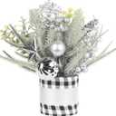 SY Super Bang Small Winter Buffalo Check Plaid Christmas Tree, Artificial Mini Tabletop Winter Tree Decorations with Silver Ornaments, for Home Holiday Indoor Party Xmas Decor.