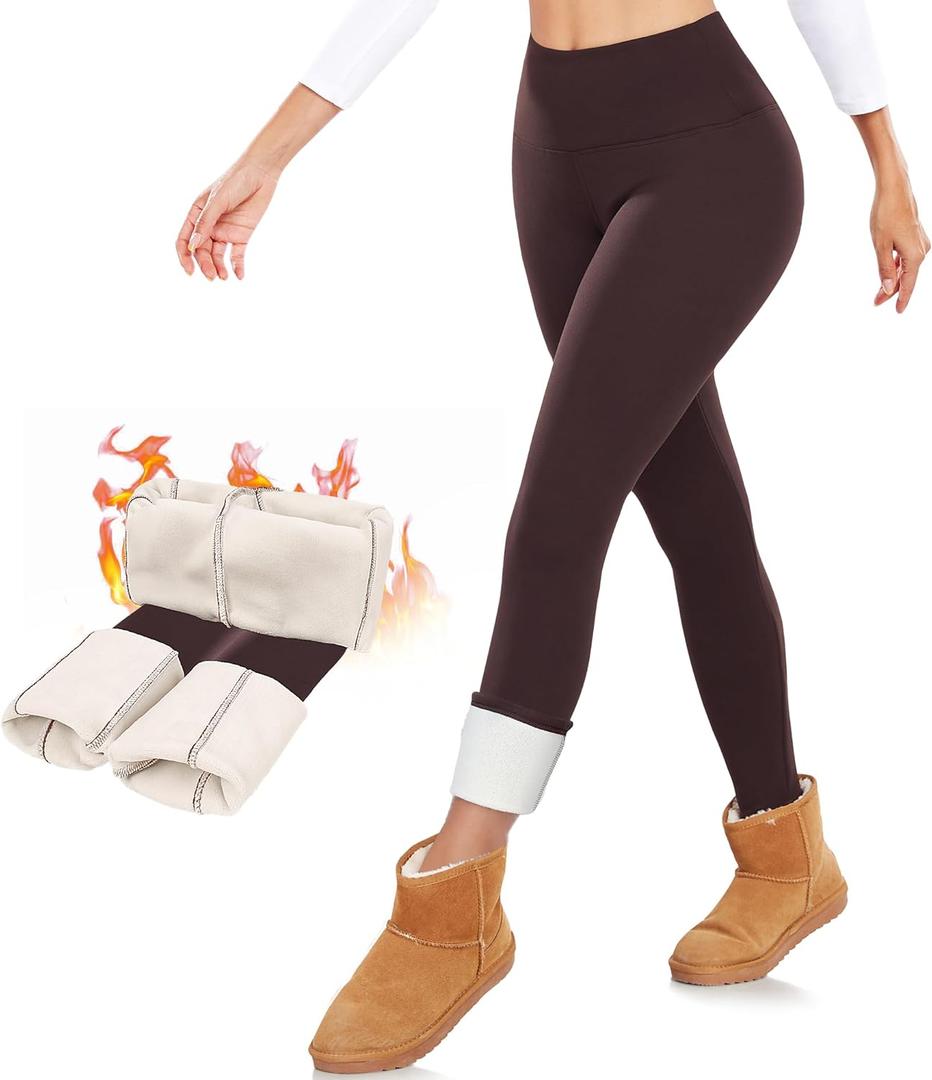 DHSO Thermal Thick Fleece Lined Leggings Women - Winter Warm High Waisted Tummy Control Soft Yoga Pants for Snow Cold (Large, Coffee)
