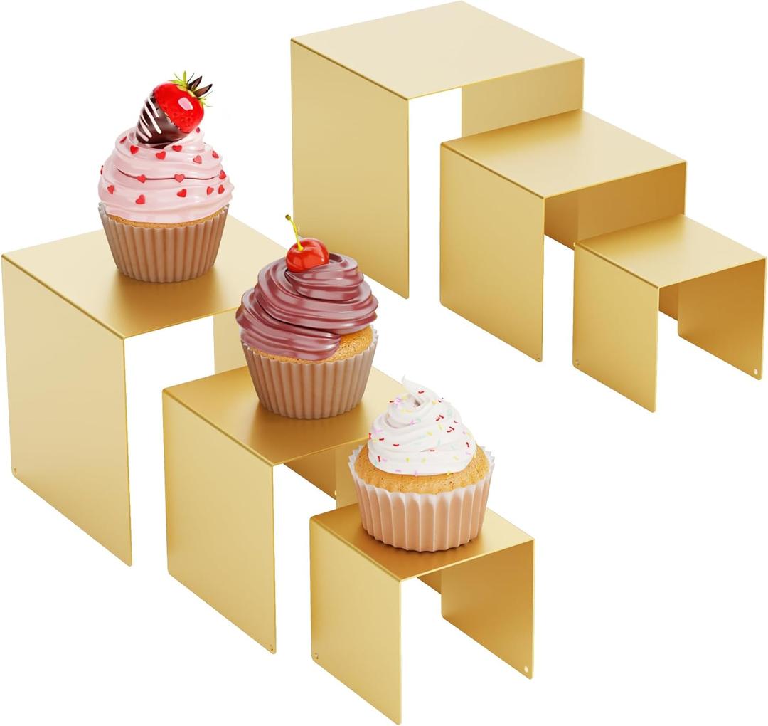 Matte Metal Display Stand,6 Pcs 2 Set Display Risers for Display, Metal Rectangular Display Shelf for Showcase, Dessert, Toys, Perfume (Gold, 3''x4''x5)