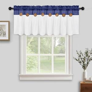 FRAMICS Farmhouse Valance Curtains, Boho Cotton Linen Kitchen Valance, Navy Blue Rustic Button Window Valance for Kitchen Bathroom Bedroom, Country Rod Pocket Valances for Windows, 52 x 18 Inch