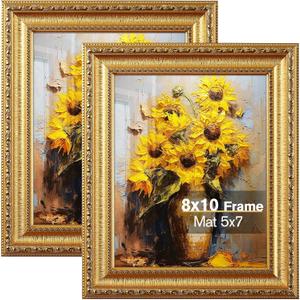 Splinterix 8x10 Gold Picture Frame, Photo Frame for Wall or Tabletop Display, 4 Pack Ornate Vintage Picture Frames with Real Glass, Display Poster 5x7 with Mat or 8x10 without Mat for Antique Décor