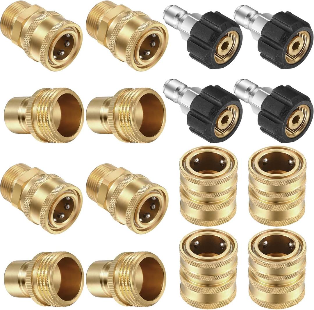 16 Packs Pressure Washer Adapter Set Connect Disconnect Kit Includes M22 Swivel to 1/2 Inch Connect 3/8 Inch to Quick Release 3/8 Inch Plug 1/2 Inch Plug 3/4 Inch Swivel Female Male for Garden Hoses
