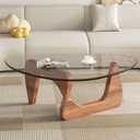 EASYSOUL Modern Glass Coffee Table, 44.88" D x 32.28" W x 15.75" H, Abstract Round Tea Tables for Living Room Home Office Industrial Cocktail Tables (Walnut-Clear Glass, 44.88")