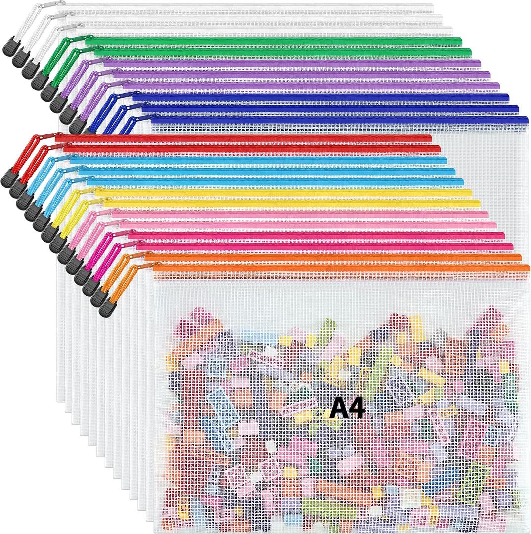 JARLINK A4 Letter Size 24 Pack 10 Colors Zipper Mesh Document Pouch, Mesh Bags for Board Games & Puzzles, Waterproof Document Zipper Pouches for Office School Supplies, Toys, Cosmetics Travel Storage