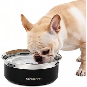Gardner Pet Slow Water Bowl for Dogs, 2L/68oz Spill-Proof Pet Water Bowl with Floating Disk & Filter Screen, Stainless Steel No-Spill Water Dispenser for Medium Pets (Black)