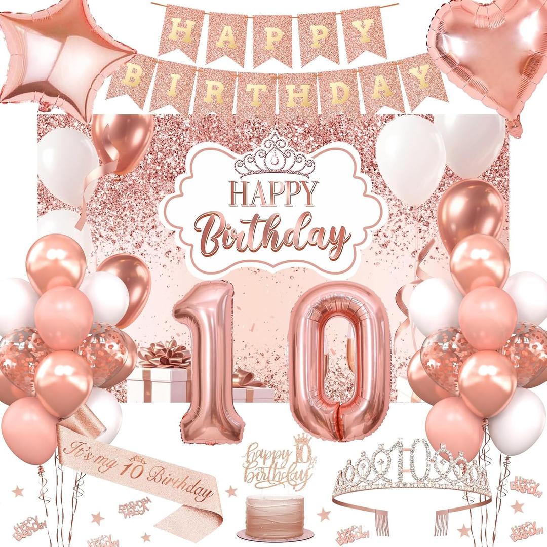 10th Birthday Decorations for Girls, 52pcs Sweet Rose Gold Happy 10 Birthday Decorations Including 10th Rose Gold Crown, Sash, Banner, Background for 10 Party Decorations Set
