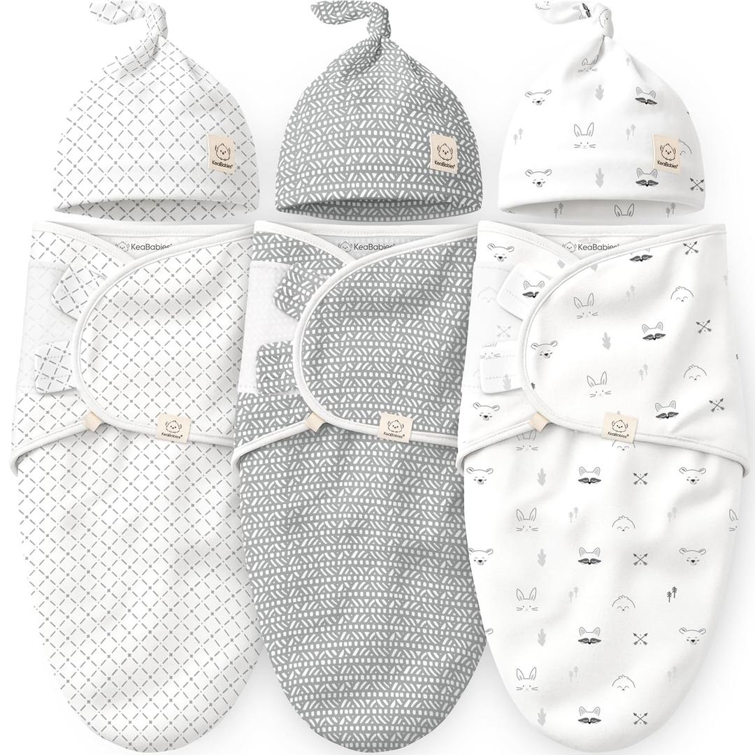 KeaBabies 3-Pack Swaddles for Newborns, Girls, Boys with Hats - Organic Soft Baby Sleep Sacks, Breathable Baby Swaddle 3-6 Months Beanies Set, Premie Infant Sleep Sack 0-3 Months (Nordic)