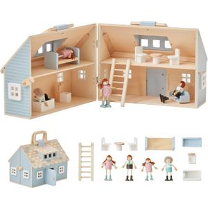 Olivia's Little World Wooden Cottage Dollhouse with 12 Accessories & 4 Figurines  Portable 2-Story Playhouse for 3.5" Dolls  Foldable Miniature Toy House for Girls Ages 3+