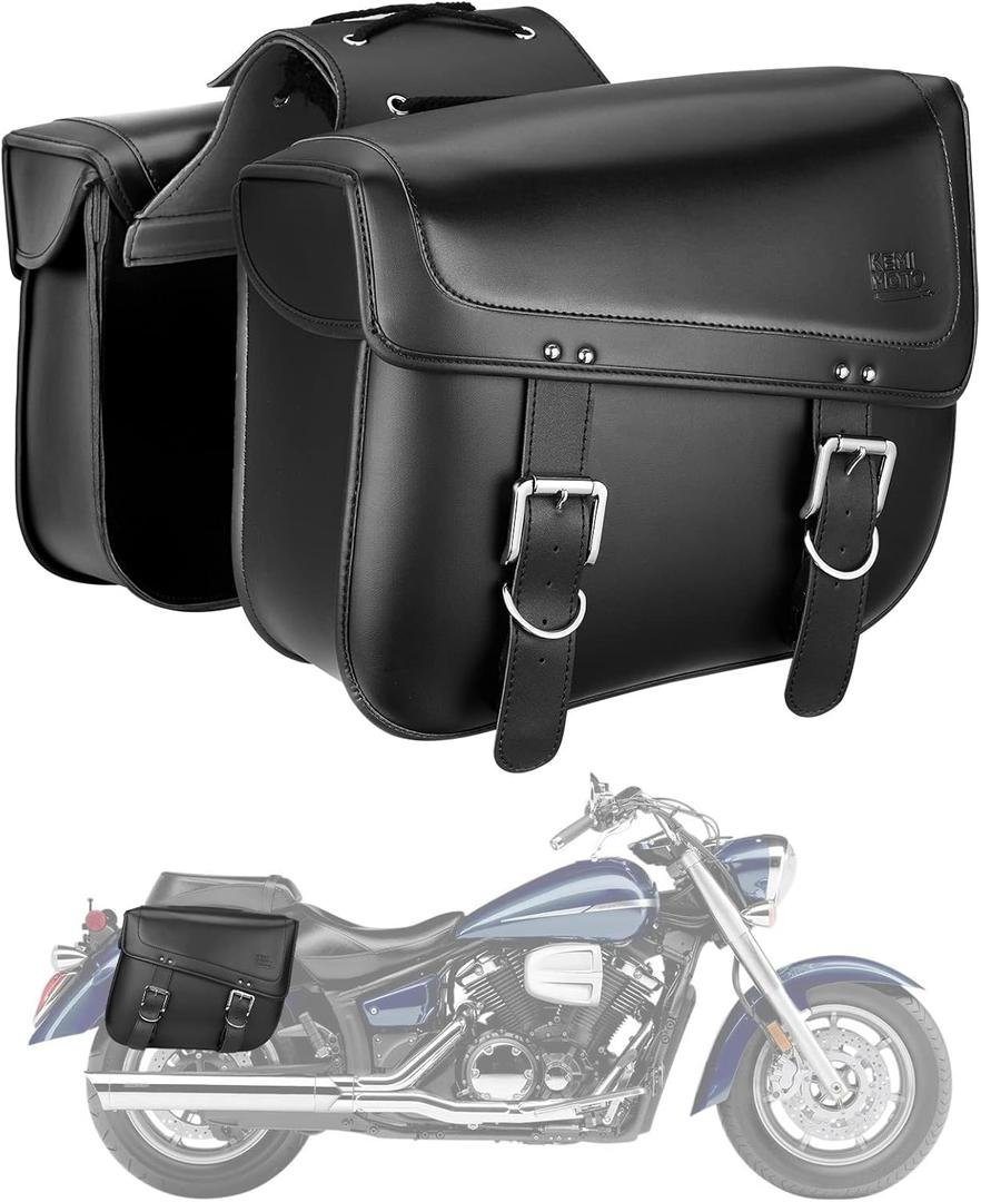 KEMIMOTO Motorcycle Saddlebags, 30L Large Capacity Saddle Bags Motorcycles, PU Leather Motorcycle Luggage Bag for Sportster Softail Dyna V-star Shadow, Universal Motorcycle Accessories, Black (Black with Inner Pocket)