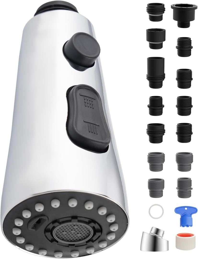 Hygie Rinse Universal Stainless Faucet Head Replacement Pull Down Kitchen Faucet Head with 15 Adapters, 3 Water Modes Kitchen Sink Faucet Sprayer Head, Chrome Finish