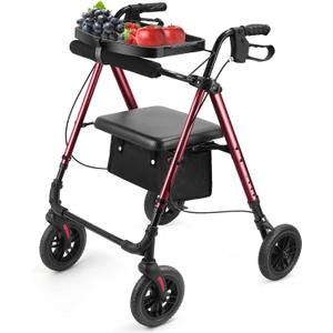 Ambliss Rollator Walker with Seat & Tray,Lightweight Folding Walker for Seniors 8" Large All-Terrain Wheels, 300 lbs Capacity, Dual Height Adjustable Rolling Walker with Cup Holder & Cane Holder