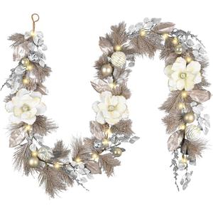 Valery Madelyn 9 Feet Pre-Lit Christmas Garland with Lights for Mantle, Lighted Outdoor Xmas Garland with White Gold Balls & Magnolia for Home Stairs Fireplace Table Centerpiece Indoor Holiday Decor