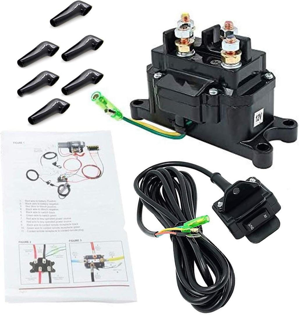 12V 250A Winch Solenoid Relay Contactor & Winch Rocker Thumb Switch Combo with Handlebar Control Kit Compatible with ATV UTV 3000lbs-5000lbs Polaris 800 1000