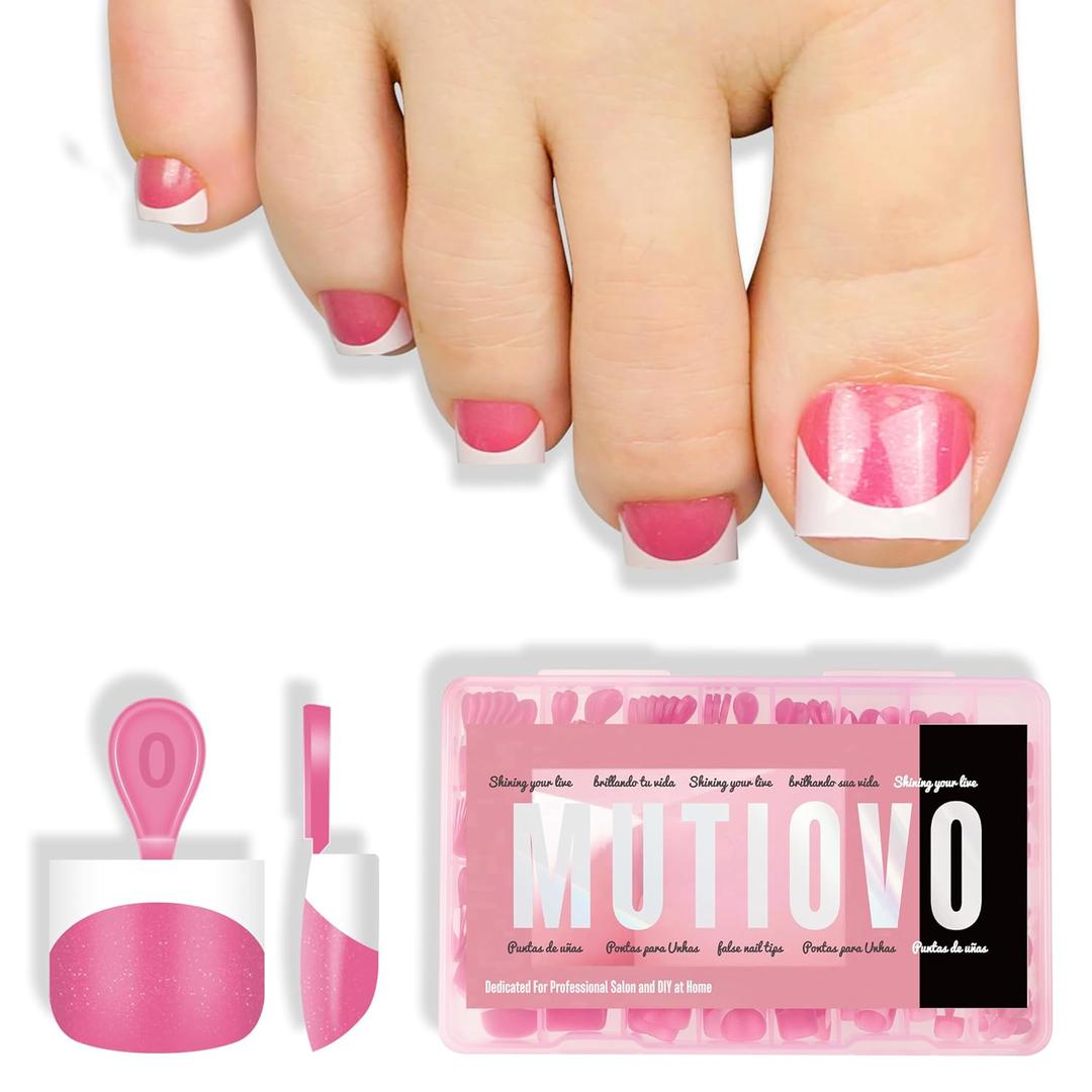 Extra Short Toe Nail White French Tip ROSE PINK,Soft Gel False Toenail Extension Kit,Thick Sharp Square Press On,Need Builder Gel & Apply Top Coat, No Glue included,for DIY x16 Sizes 224 pcs