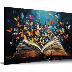 Colorful Butterfly Book Canvas Wall Art Butterfly Emerging From Book Picture Wall Decor Reading Enthusiasts Poster Print for Library Reading Room Bedroom Modern Reading Concept Home Decoration
