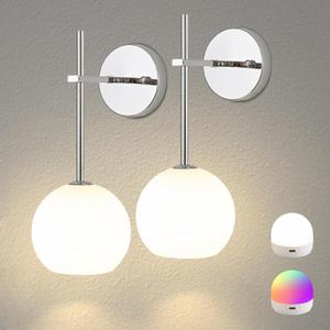 Chrome Battery Operated Wall Sconces Set of 2, Rechargeable Wireless Wall Lights with Milky White Frosted Glass, 12 RGB and 3CCT Dimmable, Wall Lamps with Remote for Bedroom Living Room Hallway