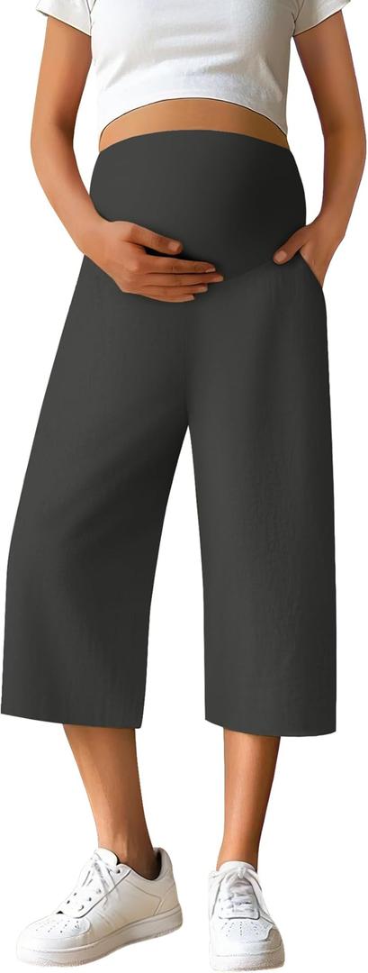 Huukeay Women's Cotton Linen Maternity Capris Pants, Lounge Pregnancy Cropped Pants Wide Leg Over The Belly Pockets Trouser(Dark Gray, Medium)
