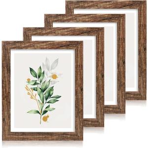 Hongkee 11x14 Picture Frame Set of 4, Made of Glass and Rustic Brown Wooden Frame, Display 8x10 Pictures with Mat or 11 x 14 Posters without Mat for Wall Mounting, Gallery Photo Frames