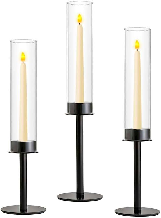 Black Taper Candle Holders: Candlestick Holders Set of 3 Hurricane Glass Tall Candle Holder for Candlesticks Candle Sticks Holder Decor for Table Centerpiece Wedding Party Christmas Decorations