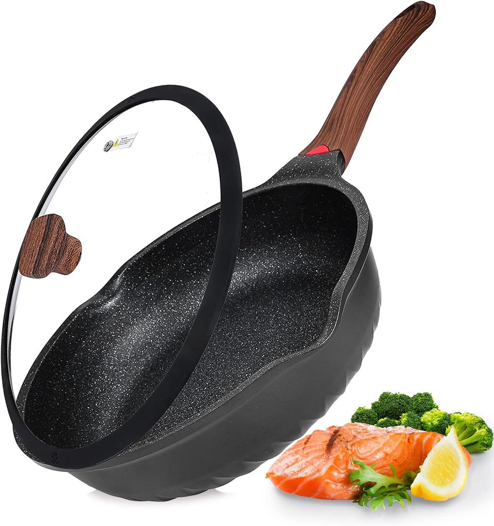 Vinchef Nonstick Deep Frying Pan Saute Pan with Lid, 12in/5.5Qt Fry Pan, German 3C+ Ceramic Coating Technology, Heat Indicator, Induction Compatible (Black)