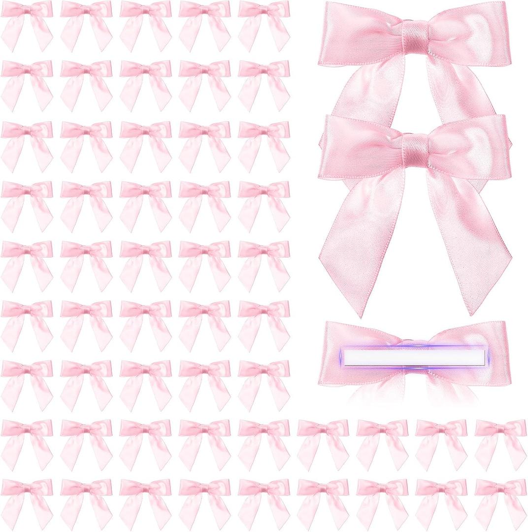 Daifunli 60 Pcs Coquette Bow, Pink Bow Birthday Party Decor, 3 x 3 Inches Pink Gift Wrap Bows Satin Ribbon Bows Self Adhesive Bowknot for Birthday Gift Wrapping Double Sided Tape