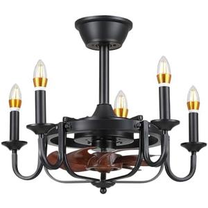 MADSHNE Ceiling Fan with Lights and Remote,22" Small Chandelier Ceiling Fans with Lights,Industrial Caged Ceiling Fan Light for Dining Room Kitchen,Black(Bulbs Not Included)