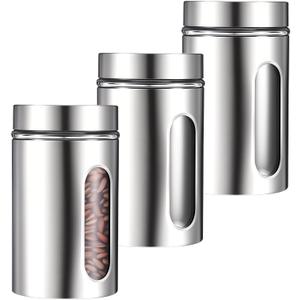 3 Pack Large Kitchen Canisters Set Airtight Coffee Sugar Tea Candy Storage Jars with Window Glass Stainless Steel Containers with Lids for Flour Cookies Spices Grains Kitchen Decorations(32oz)