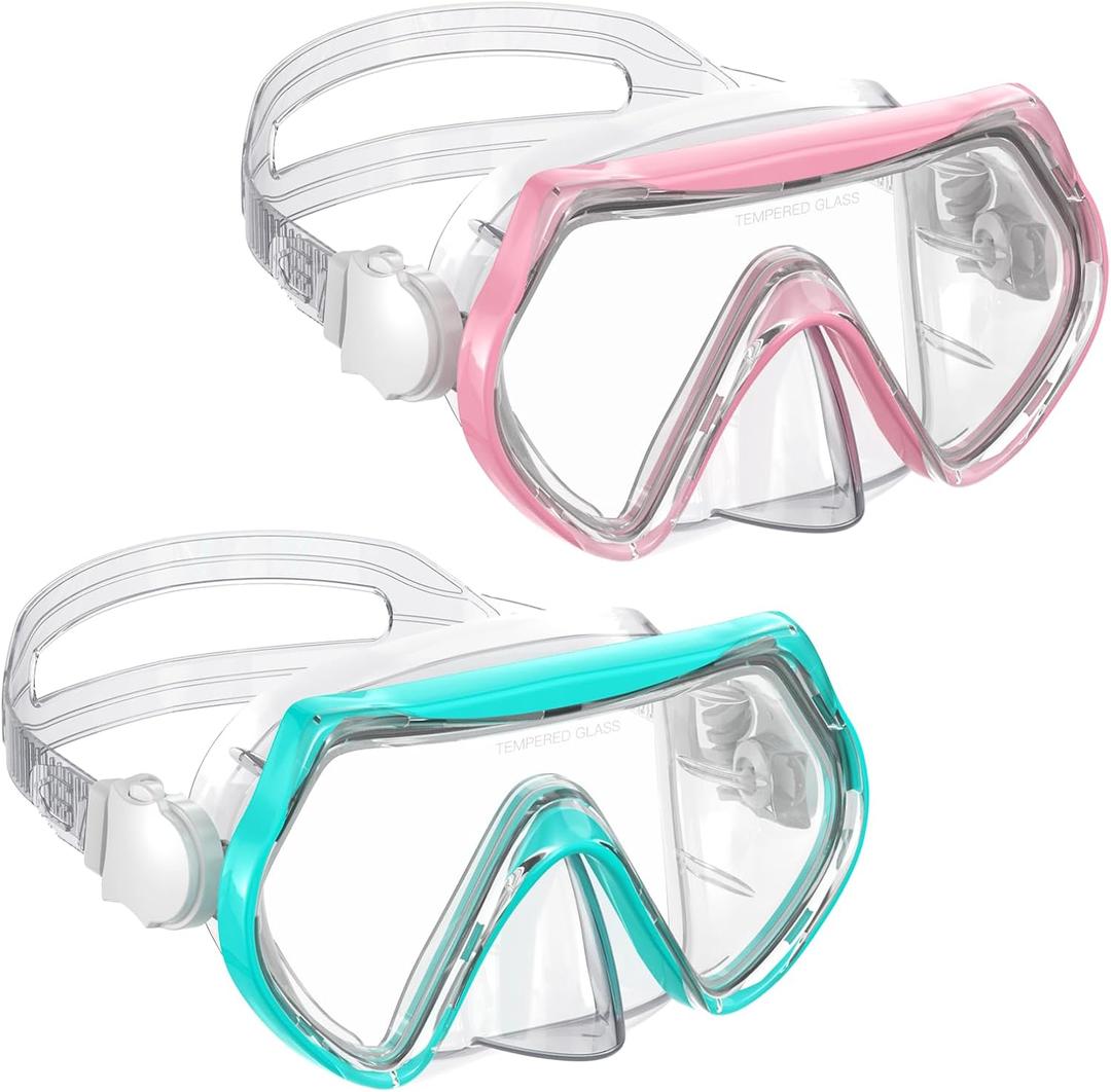Kids Swim Goggles, Swimming Snorkel Diving Mask with Nose Cover for Youth 6-14 Tempered-Glass Panoramic View (Blue+pink)