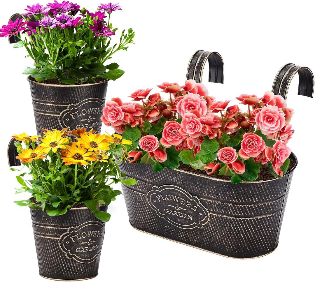 PerGar 3 Pack Metal Railing Planter Box Outdoor, 10.6" Hanging Flower Pots with Detachable Hooks & Drainage Holes, Rail Planter Boxes for Balcony Deck Porch Fence Garden Home Decoration, Black, 10.63 x 3.7 x 8.27 inches