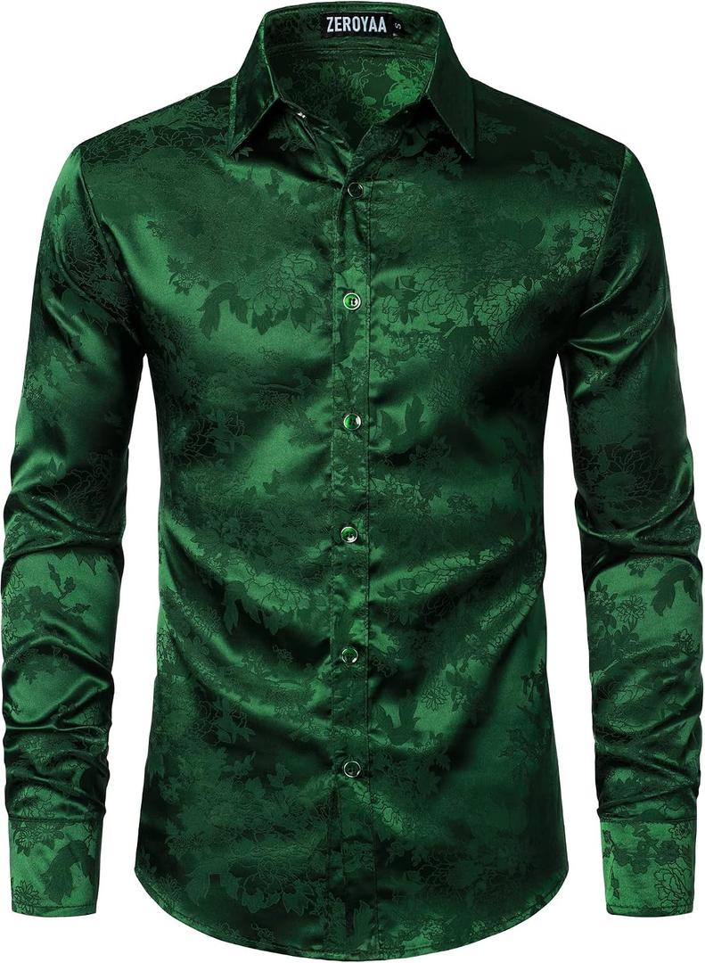 ZEROYAA Men's Shiny Satin Rose Floral Jacquard Long Sleeve Button Up Dress Shirts for Party Prom XX-Large, Zlcl26-emerald