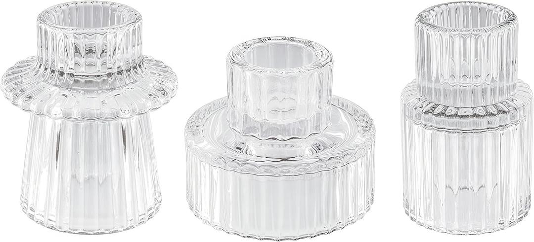 Double Sided Vintage Ribbed Taper Glass Candle Holders, Tea Candle Holder for Table Centerpieces, Wedding Decorations and Dinner Parties (Clear, 3 PCS)
