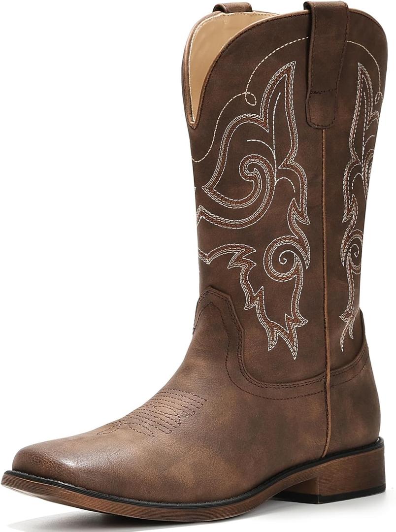 IUV Cowboy Boots For Women Square Toe Wide Western Boots Mid Calf Cowgirl Boots Pull On Fashion Embroidered Cowboy Boots (11, Coffee)