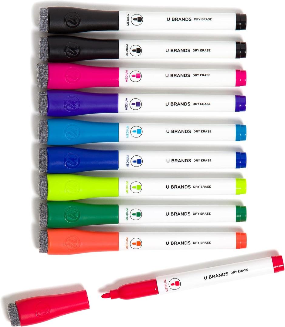 U Brands Fine Tip Dry Erase Markers with Eraser, Low Odor Whiteboard Markers Fine Tip, Assorted Bright Colors, Set of 10