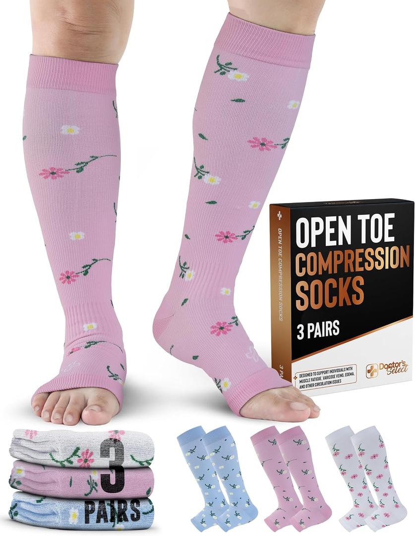 Doctor's Select 3 Pairs Copper Toeless Compression Socks Women & Men - 20-30 mmHg Open Toe Compression Socks Knee High Women