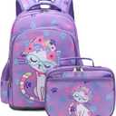 Octsky Backpack for Girls Kids School Backpacks with Lunch Box Preschool Kindergarten BookBag Set With Chest Strap Cat Purple